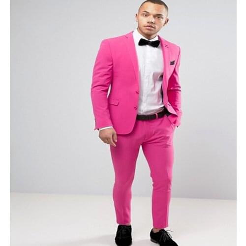 Mens Wedding Suits Two Pieces Hot Pink Single Breasted Two Buttons Notch Lapel Slim Fit Stylish Blazer Jackets Pants Costumes