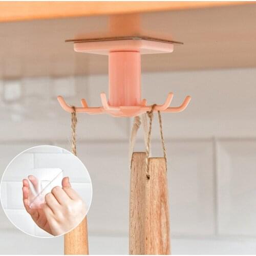 Kitchen 360 Degree Rotating Hook Self Adhesive 6 Hooks Wall Door Hanging Storage Rack Handbag Clothes Shelf Home Organizer 1pcs