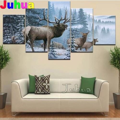 Multi Panel diamond painting Snow Elk Family Animal 5 Piece Diamond picture full square round diamond embroidery rhinestone art