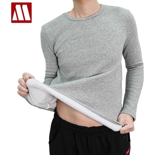 2021 Winter Men Thick T Shirts Long Sleeve Warm Mens T-Shirt Fleece Inside Comfy Undershirt Thermal O Neck Autumn Man Tees Tops