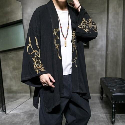 2021 Fashion Dragon Embroidery Hanfu Men Chinese Style Linen Robe Kimono Cardigan Jacket Oversized 5Xl Ancient Coat Male KK3400