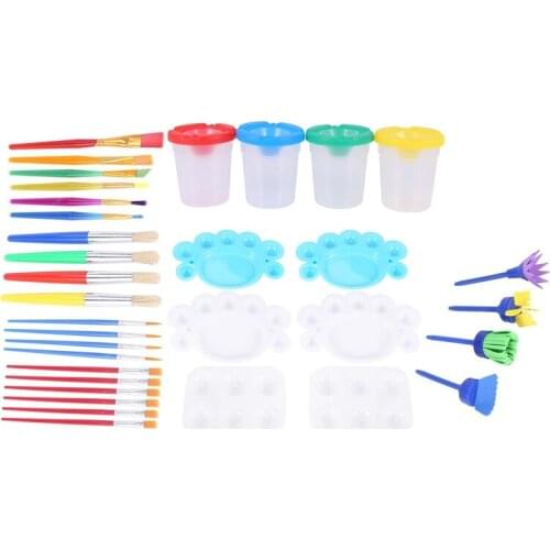 34 Pcs Paint Brush Sets Painting Tool Kits with 4 Sponge Flower Brushes 4 Cups 6 Palettes 20 Multi-Size Brushes