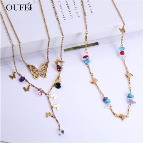 OUFEI Butterfly Multi Layer Necklace Earrings Set Stainless Steel Jewelry Woman Accessories Charm Fashion Jewelry Free Shipping