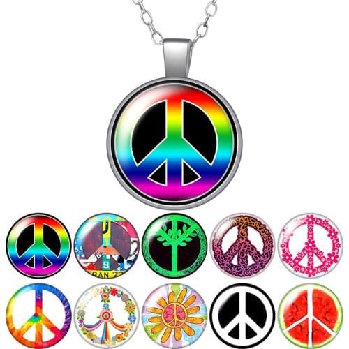 Peace Symbol Colorful Round Pendant Necklace 25mm Glass Cabochon Women Girl Jewelry Party Birthday Gift 50cm