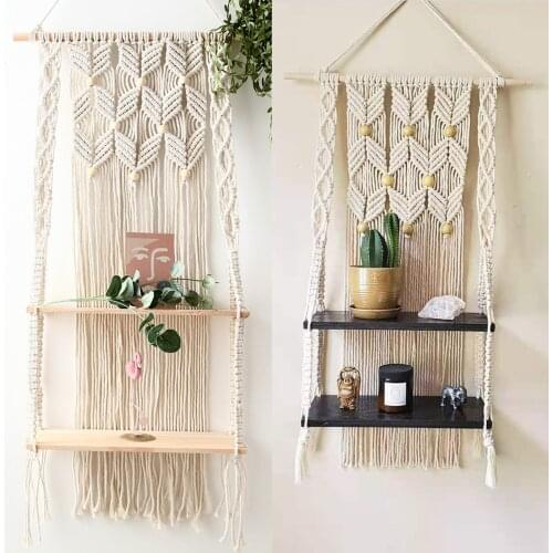 Hand-Woven Macrame Hanging Planter Basket Wooden Shelves Bohemian Style 1/2 Layers Rack Wall Hanging Tapestry Home Room Decor