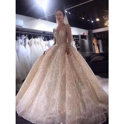 Luxurious Bling Bling Beaded Sequins Ball Gown Wedding Dresses Lace Up Back 2020 New Fashion Bridal Gowns Modest Backless