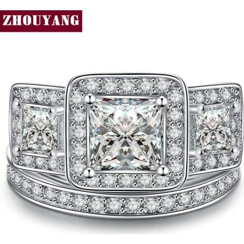 ZHOUYANG Luxury Square-cut AAA+ Cubic Zirconia Silver Color Ring Set Fahion Wedding Jewelry For Women Girl Gift YG028
