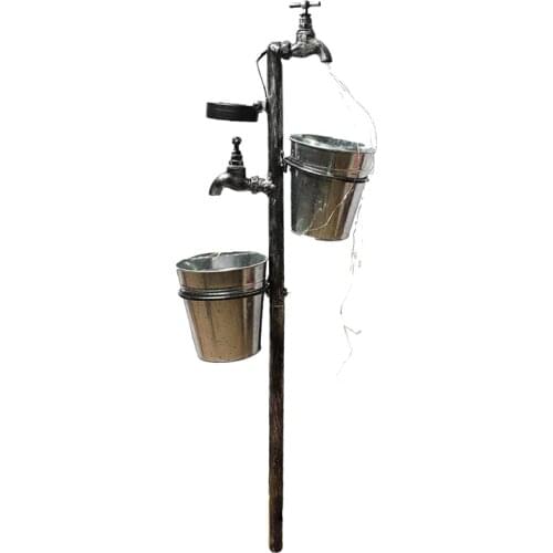 GTBL Solar Faucet Garden Stake with Two Planters, LED Lights Flowing Water Retro Faucet Yard Stake Plant Holder Flower Pots