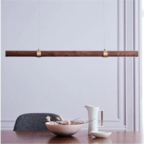 Modern Nordic Walnut Long Strip Chandelier Lamps Wood Restaurant Minimalist Studio Solid Office Personality LED Lighting