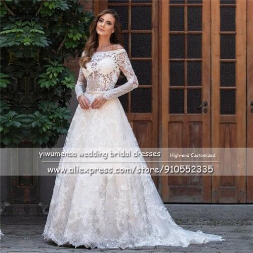 Vestido De Fiesta De Boda Boat Neck Long Sleeves Wedding Dress Plus Size Illusion Tulle Elegant Bohemain A Line Bridal Gown A327