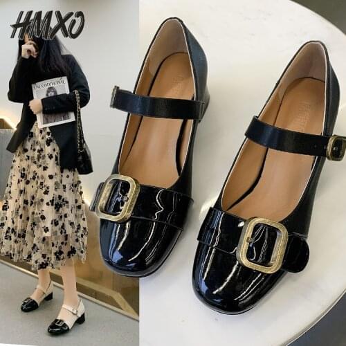 HMXO Mary Jane Square Head Fairy Leather Shoes Metal Buckle Light Stitching Color Thick Heel Womens Shoes Ladies Low Heel Shoes
