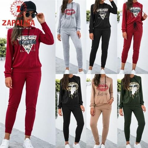 Women 2 Piece Outfits Hooded Design O-Neck Long Sleeve Lips Letter Print Top+Drawstring Design Pockets Decor Slim Pencil Pants