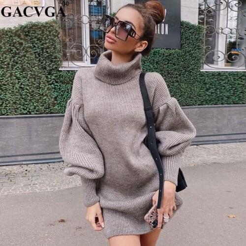 GACVGA Turtleneck knitted Sweater Dress For Women Solid Lantern Sleeve Dresses Ladies Winter Streetwear Loose Warm Cotton Dress