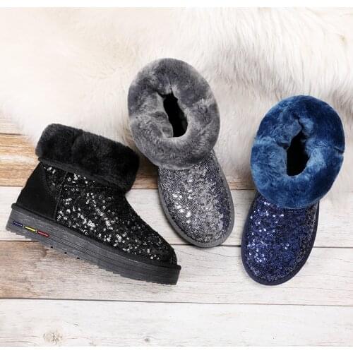 Winter new handmade custom shining sequins thick snow boots fashion leather wool warm and comfortable winter boots