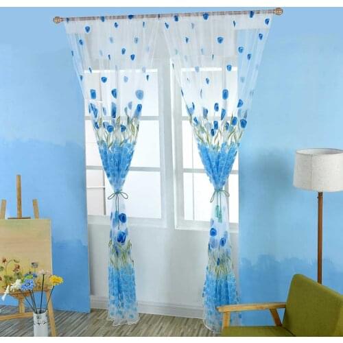 1*2m Modern Window Curtain Tulips Flowers Tulle Valance Beads Tassel Door Drapes Sheer Curtain Panel Home Decoration