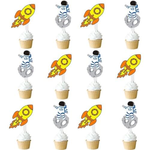 12pcs Space Theme Cupcake Toppers Astronaut Rocket Cake Toppers for Kids Birthday Party Dessert Table Decoration