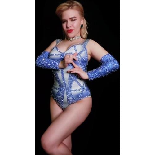 Birthday Celebrate Outfit Evening Dance Stage Outfit Blue Rhinestones Bodysuit Prom Bar Women Singer Costume Festival Clothing