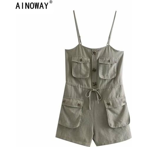 Vintage chic women solid color sleeveless pockets Boho Bodysuits Rompers ladies bohemian linen cotton Playsuits Jumpsuit