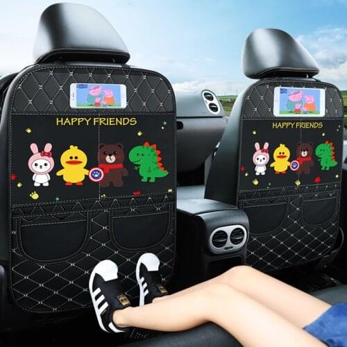 Cartoon PU Leather Car Seat Back Cover Protector Baby Kids Car Seat Protector Mats Child Anti Kick Pad Cushion With Storage Bag