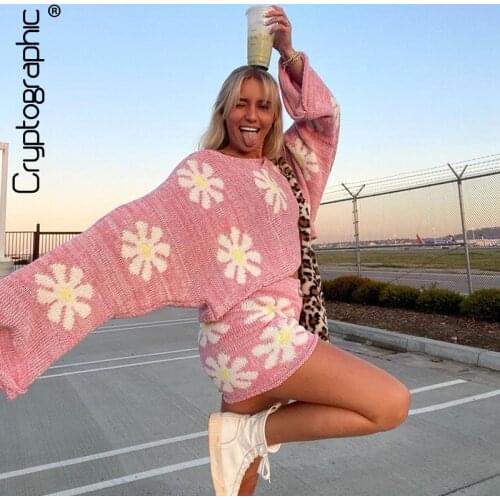 Cryptographic Floral Knitted Casual Sweater Matching Set Loungewear Loose Top and Shorts Set Fashion Outfits Autumn 2021 Clothes