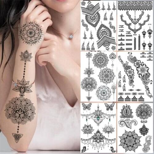 Henna Mandala Flower Temporary Tattoos For Women Girls Tribal Fake Chains Tattoo Sticker Black Body Art Drawing Lace Tatoo Paper