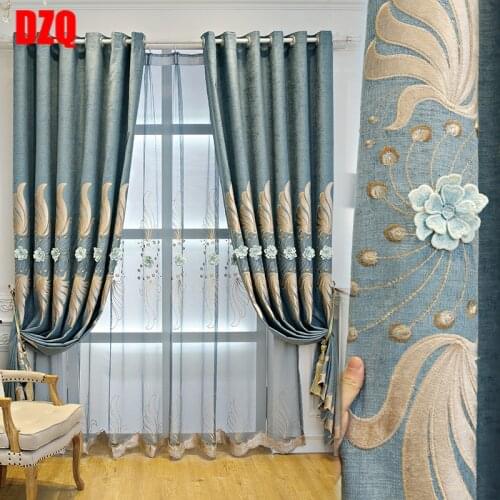 Custom curtain European embroidered Chenille Relief livingroom blue shading bedroom blackout curtain tulle valance