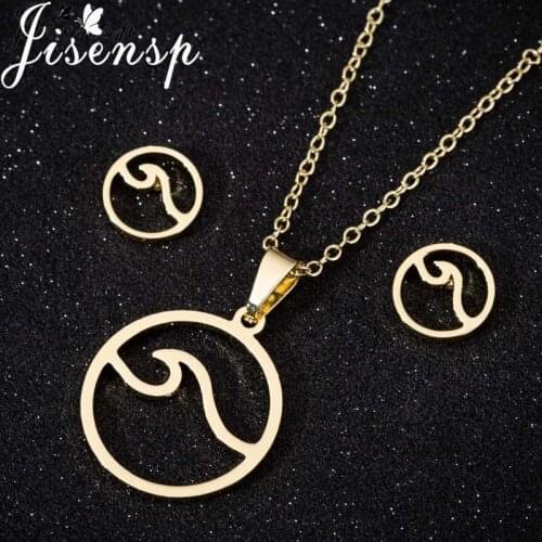 Jisensp Bohemian Style Sea Wave Pendant Necklace Earrings Stainless Steel Jewelry Sets for Women Surfer Charms Bijoux Femme 2021