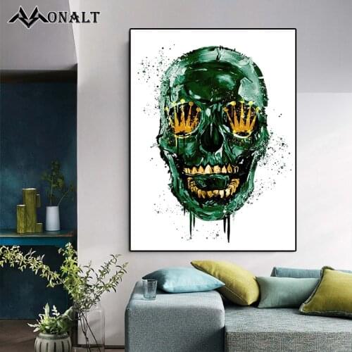Green Skull Graffiti Art Painting Golden Teeth Crown Skull Canvas Print Oil Painting Nordic Wall Posters Room Creativity Picture