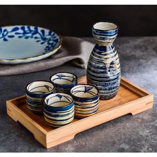 Retro ceramic small wine set Chinese baijiu Japanese style sake yellow white strong wine bottle cup tray wineware