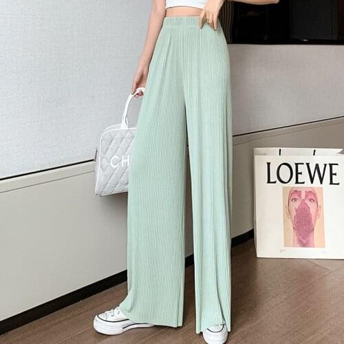 Korean Casual Summer Ice Silk Pleated Wide Leg Pants Women Loose High Elastic Waist Straight Trousers Womens Sports Pants 2021