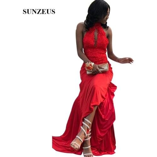 Mermaid High Neck Red Prom Dress 2019 Sheer Tulle Back Long Party Gowns Jersey Black Girls Appliques Prom Gown