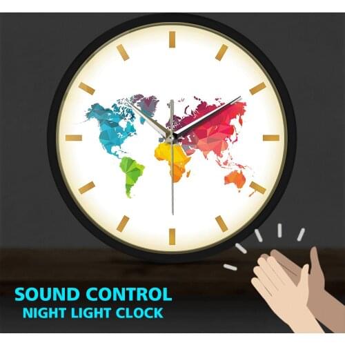 Colorful World Map Wall Hanging LED Wall Clock Metal Frame Home Decor Sound Control Wall Watch Geometric Wall Art Traveler Gift