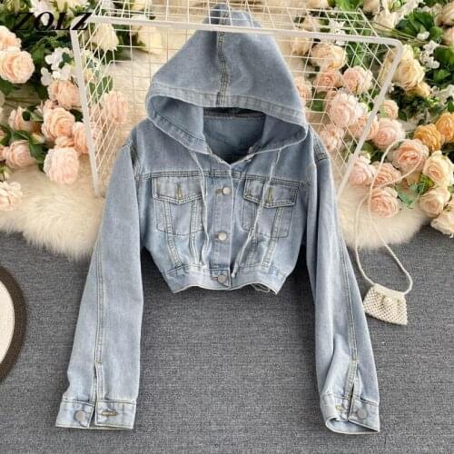 ZQLZ Hooded Denim Jacket Women Single Breasted Solid Short Vintage Overcoat Female Slim Casual Biker Streetwear Jeans Coat Mujer