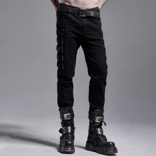 PUNKRAVE Mens Punk Casual Long Pants Daily Wear Woven Elastic Slim Fit Cotton Cool Pencil Trousers