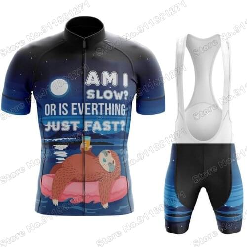 Am I Slow 2021 Funny Cartoon Anime Mens Cycling Jersey Set Summer Bicycle Clothing Bicycle Bib Shorts MTB Ropa Maillot