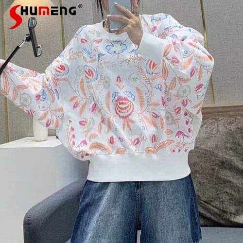 2021 Spring and Autumn Thin New European round Neck Long Sleeve Embroidered Printed Loose Sports Leisure Sweatshirt Womens