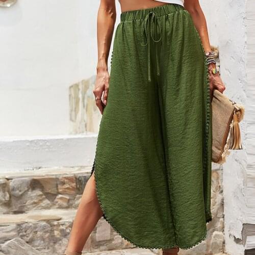 Popular Chic Wide-leg Pants Womens Summer Daily Commuter Wear Breathable Lightweight Yoga Women Trousers Green Homewear Pant