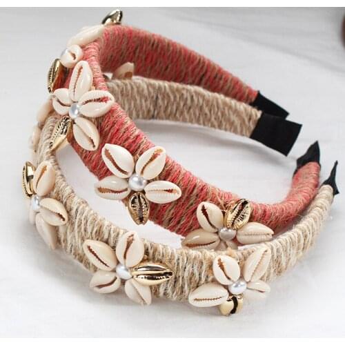 2021 New Spring Summer Pearl Headband Beach Shell Hemp Rope Straw Headdress Baroque Hairband Women Girls Hair Accessories
