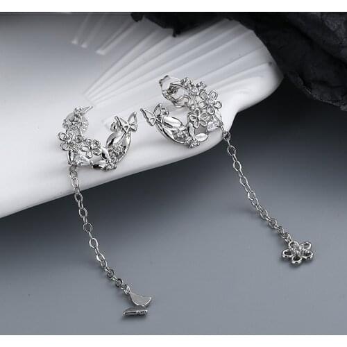 A Girl' New 2021 Butterfly Flower Moon Chain Tassel Earring Women Asymmetry Jewelry Elegant Party Accessories Gift