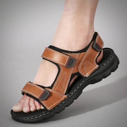 Sandals Shoes For Mens Big Foot Slippers Summer Breathable Genuine Leather Casual Driving Beach Dad Outdoor soft Shoes