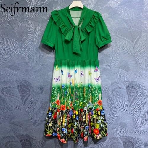 Seifrmann New 2021 Summer Women Fashion Designer Party Midi Dress Lantern Sleeve Bow Ruffles High Waist Floral Printed Dresses