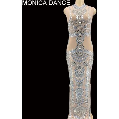 Sexy Shining Rhinestones Mirrors Mesh See Through Long Dress Celebrate Birthday Dress Prom Party Outfit Singer Stage Wear