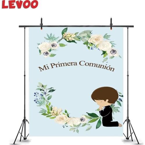 LEVOO Mi Primera Comunión Backdrop Boy Pray Communion Flowers Blue Background Photo Sutdio Photography Photophone Props Vinyl