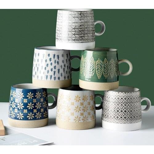 Japanese Ceramic Coffee Cup Retro Pastoral Water Cup Embossed Stoneware Mug Ins Style High-value Couple Cup Ceramic Mug