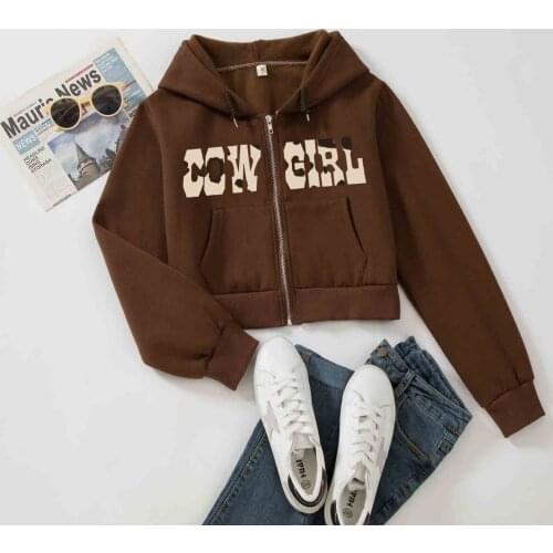 Vintage Short Hoodie with Long Sleeves Women Harajuku Fashion Zipper Sweatshirt Jacket Warm Cow Girl Hoodies Pocket Street Wear