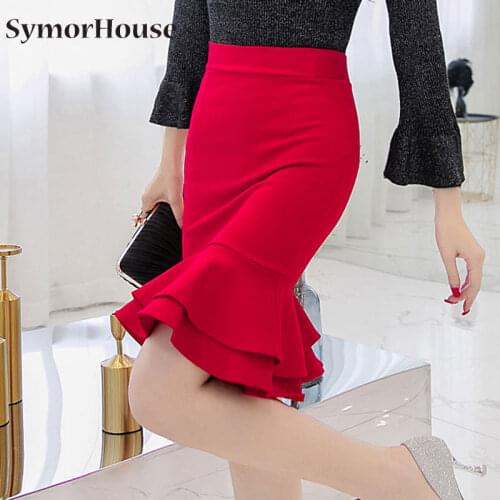 Womens Korean Mermaid Skirt 2021 Fashion Elegant High Waist Ruffle Black Skirt Office Ladies Sexy Plus Size Red Skirt Jupe