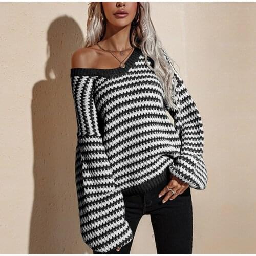 Female 2021 V-Neck Striped Knitted Sweaters Women Korean Style Leisure Off Shoulder Tops Autumn Winter Womens Pullover Sweaters