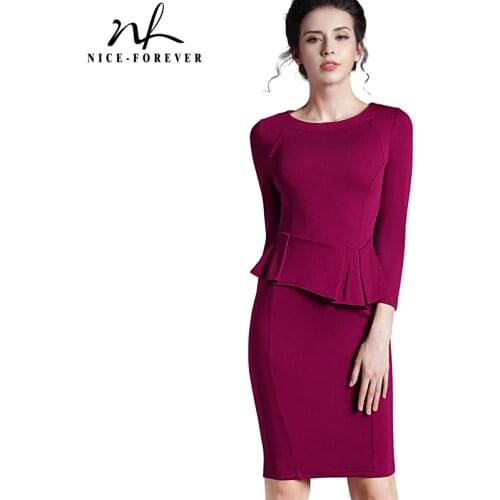 Nice-Forever Spring Elegant Pure Color Peplum Office Work Dresses Business Formal Sheath Women Dress G635