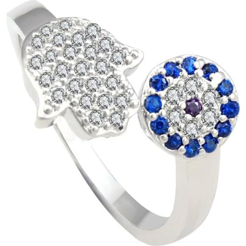 2016 evil ring HOT sale evil eye & hamsa finger ring luxury blue Cubic Zircon crystal silver plated jewelry women wedding Ring