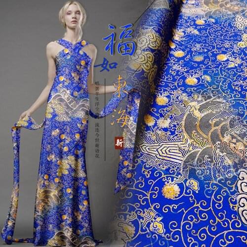 Printed silk stretch satin 19 momme in Width 120cm Digital Printing Royal Blue Color Women Dress Cloth